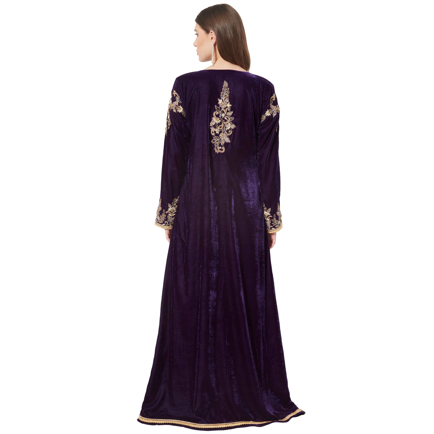 Designer Takchita Caftan Purple Velvet Wedding Gown XS / 50 Inches / Matching Embroidered Scarf (24 X 71 Inches) Designer Takchita Caftan Purple Velvet Wedding Gown XS / 50 Inches / Matching Embroidered Scarf (24 X 71 Inches)