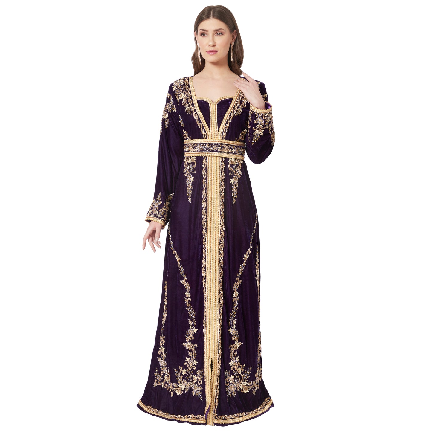 Designer Takchita Caftan Purple Velvet Wedding Gown XS / 50 Inches / Matching Embroidered Scarf (24 x 71 Inches) Designer Takchita Caftan Purple Velvet Wedding Gown XS / 50 Inches / Matching Embroidered Scarf (24 x 71 Inches)