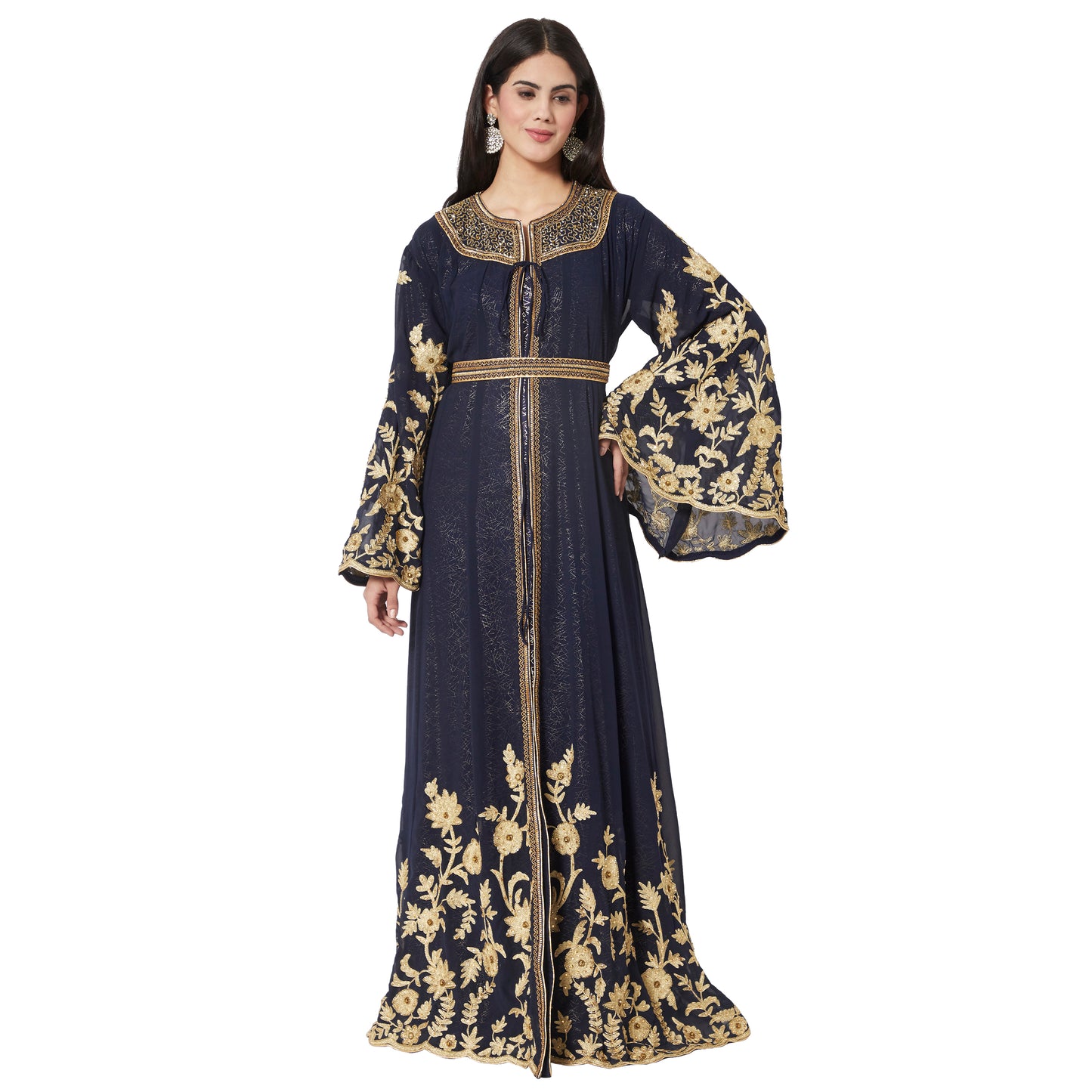 Load image into Gallery viewer, Designer Arabian Kaftan Golden Embroidered Party Dress - Maxim Creation
