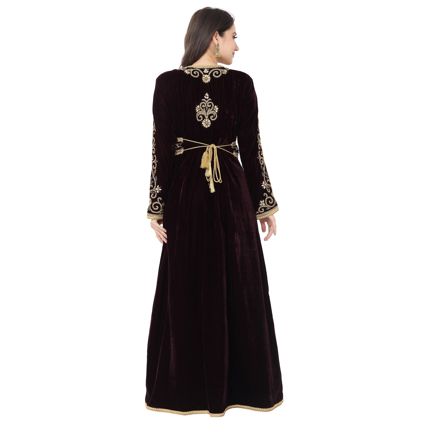 Crystal Studded Wedding Wear Dark Wine Velvet Gown - Maxim Creation