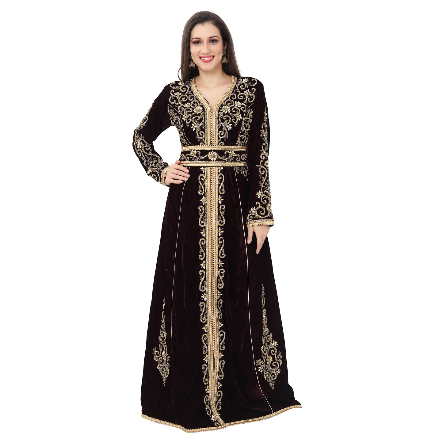 Crystal Studded Wedding Wear Dark Wine Velvet Gown XL / 52 Inches / No Scarf Crystal Studded Wedding Wear Dark Wine Velvet Gown XL / 52 Inches / No Scarf