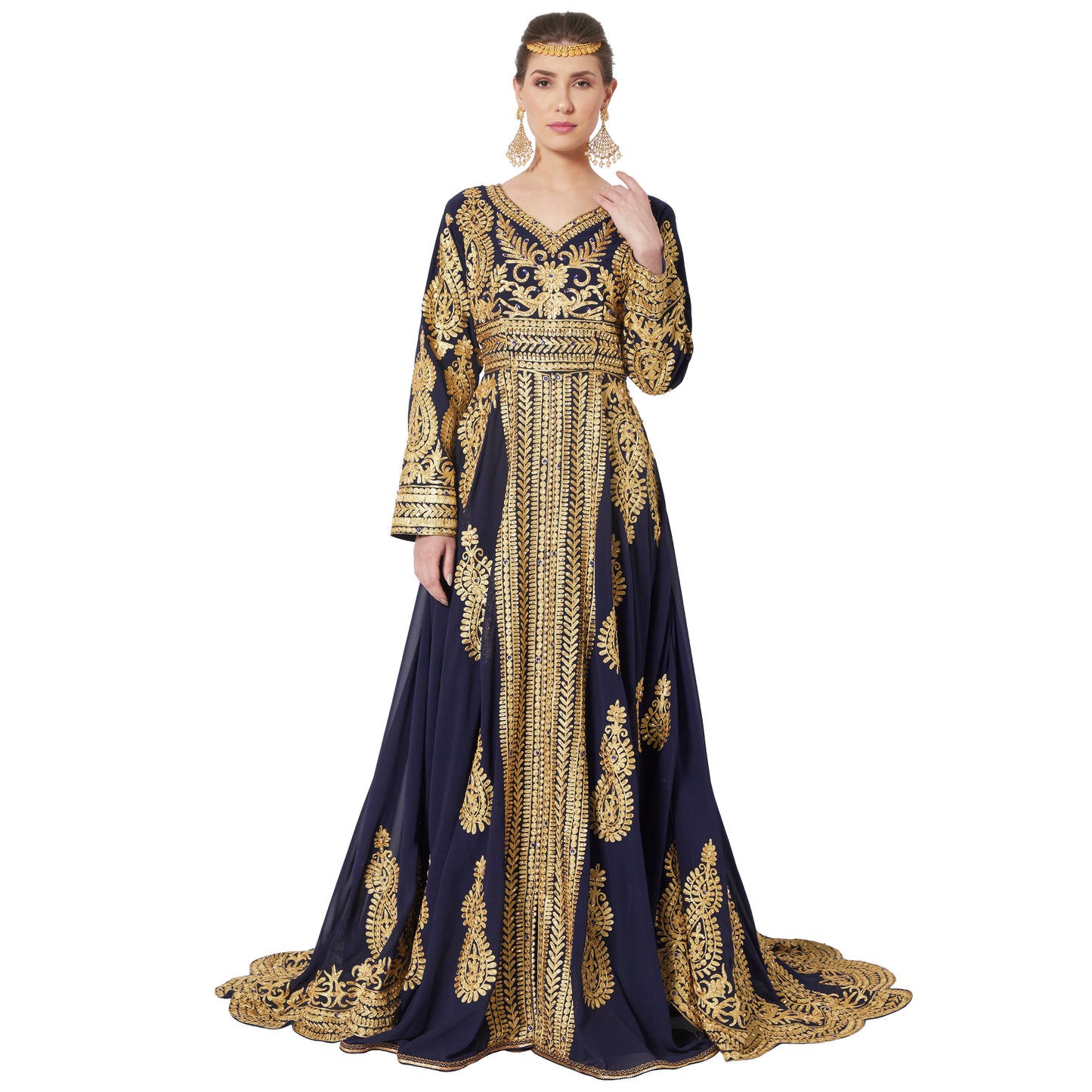 Traditional Embroidery Caftan Bridal Wedding Kaftan Gown With Tail