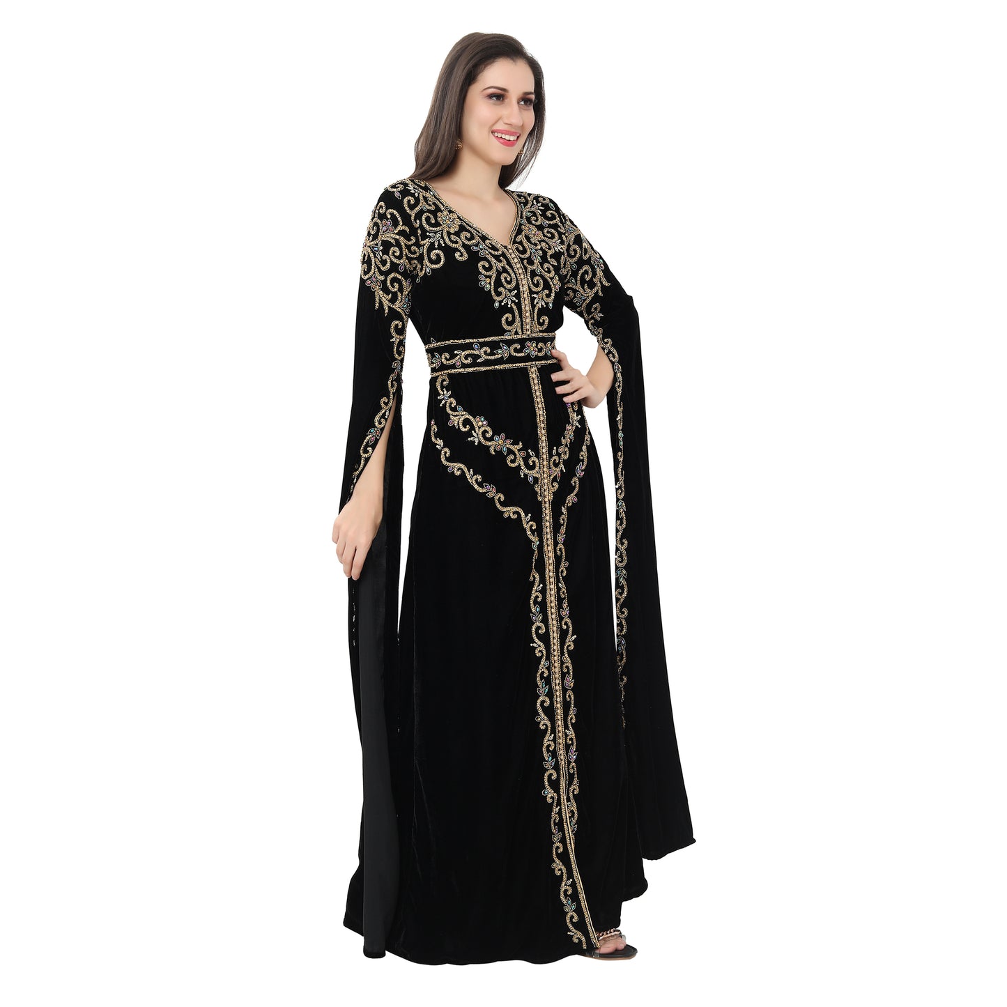 Long Sleeve Designer Bridal Wear Long Kaftan In Velvet Fabric - Maxim Creation