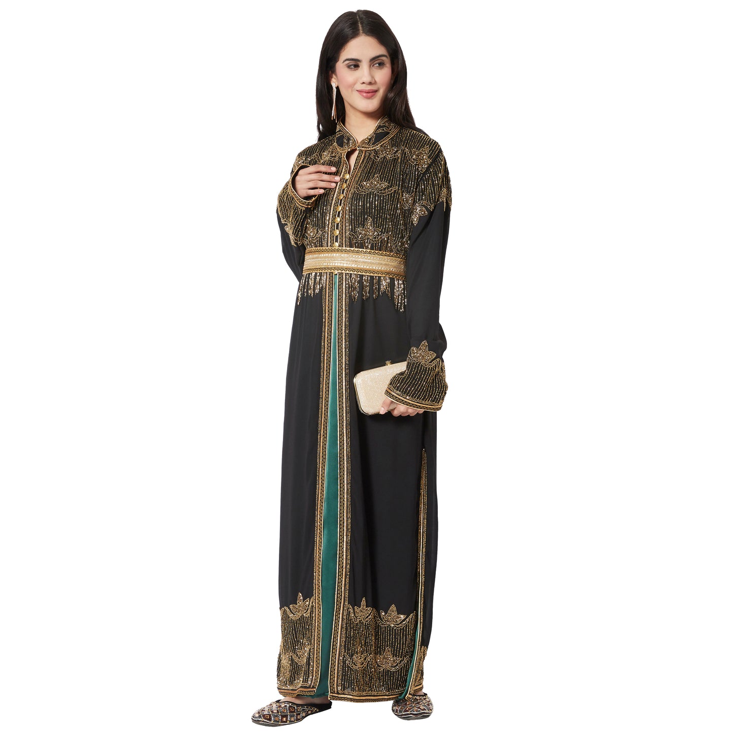 Embroidered Long Cardigan with Golden Hand Work Dress Maxim Creation Embroidered Long Cardigan with Golden Hand Work Dress Maxim Creation