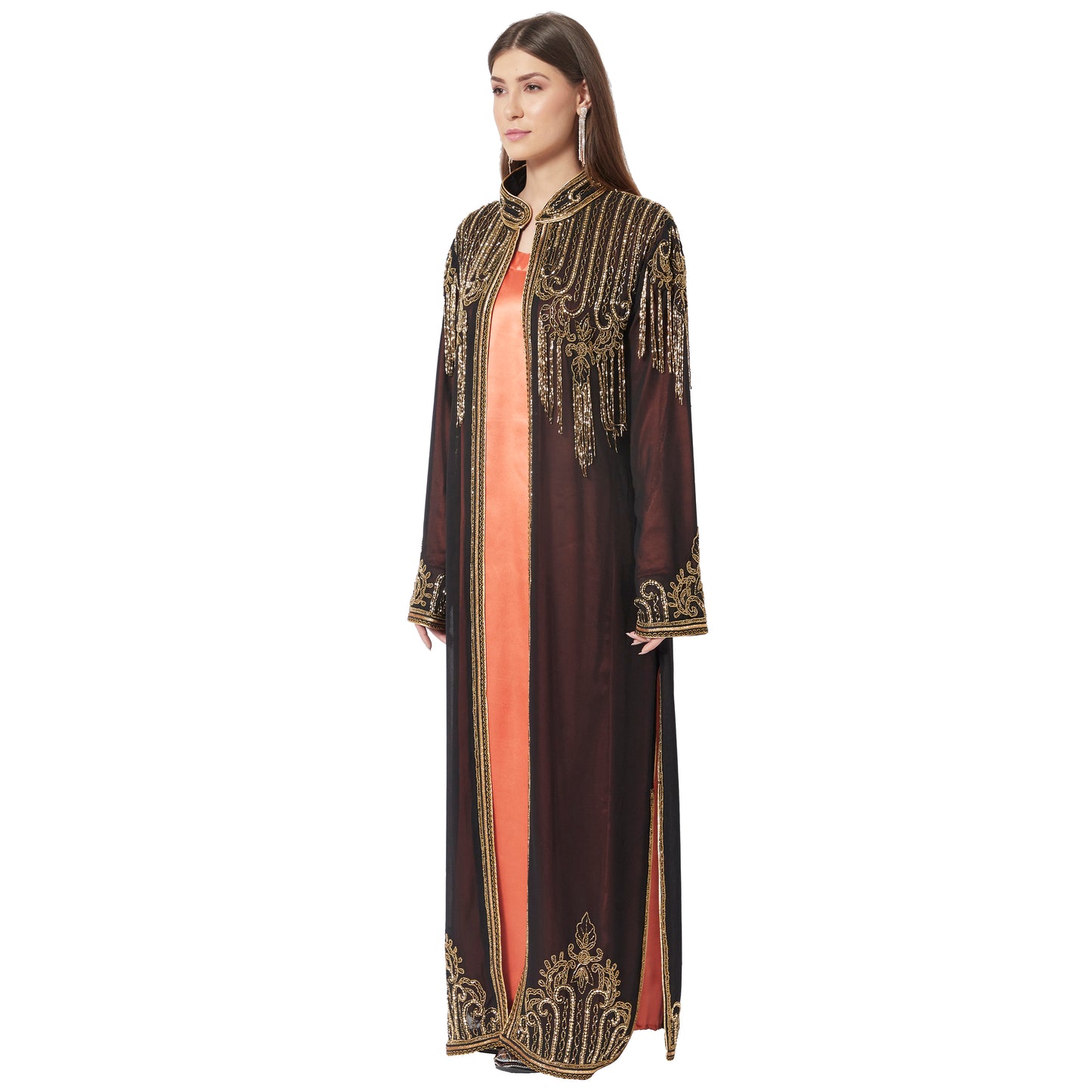 Embroidered Long Cardigan with Golden Hand Work - Maxim Creation