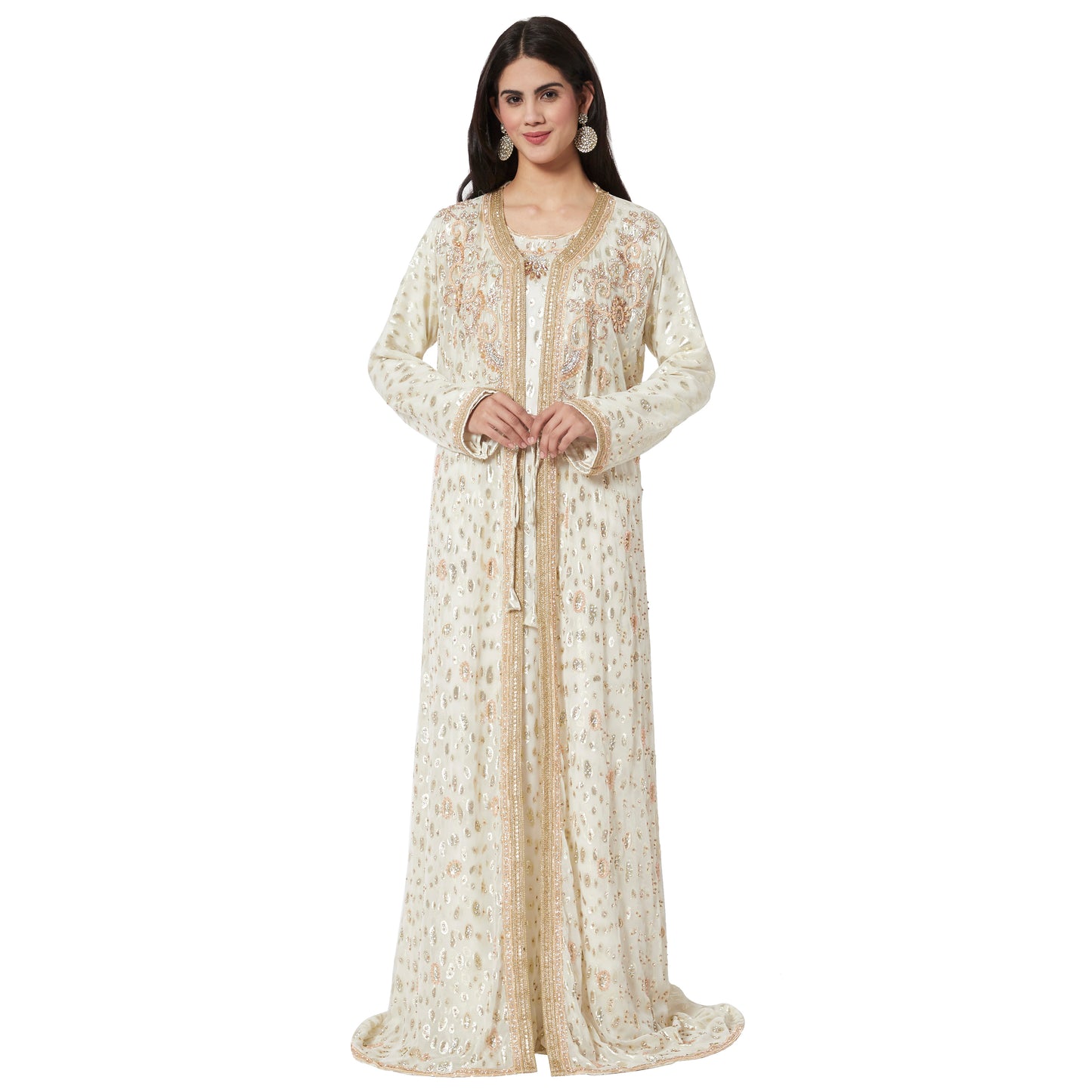 Henna Partywear Maxi Dress in Printed Embossed Fabric Henna Partywear Maxi Dress in Printed Embossed Fabric