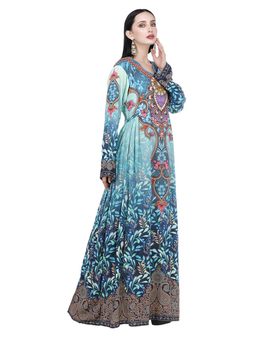 Digital Printed Blue Color Georgette Gown With Belt - Cloths