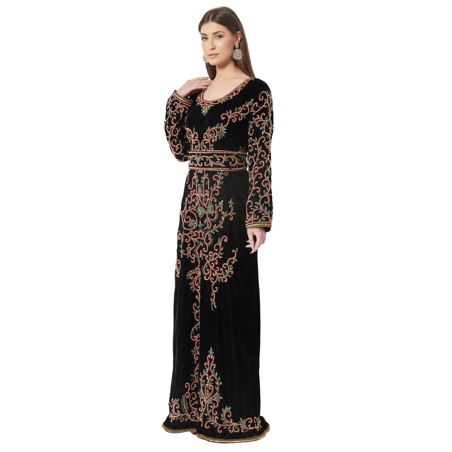 Crystal Hand Work & Beads Kaftan Velvet Maxi Dress Crystal Hand Work & Beads Kaftan Velvet Maxi Dress