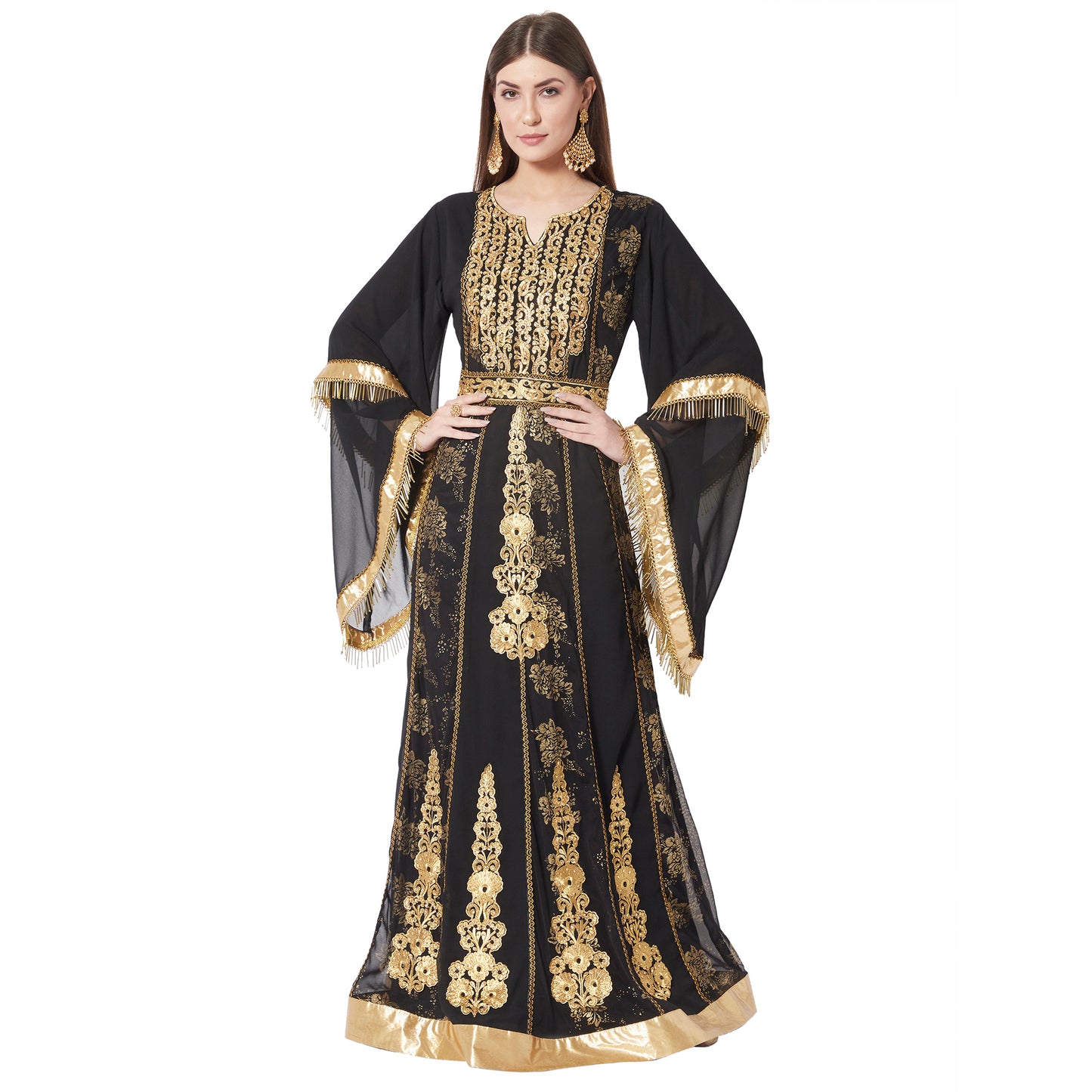 designer kaftan dresses for wedding Designer Caftan Wedding Dress in Dark Green Velvet 3XL / 50 Inches / Matching Embroidered Scarf (24 X 71 Inches)