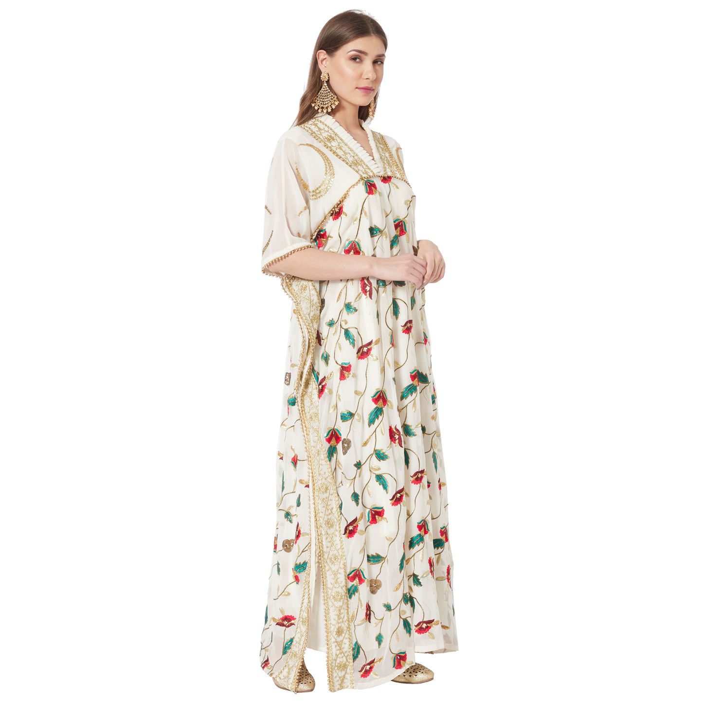 moroccan maxi dress Luxury Teal Moroccan Kaftan Gold Hand Embroidered Aari Work Elegant Arabic Abaya Maxi Dress