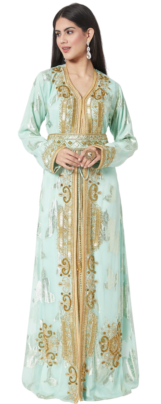 Load image into Gallery viewer, Turkish Kaftan Designer Khaleeji Thobe Dress in Embossed Satin Fabric - Maxim Creation
