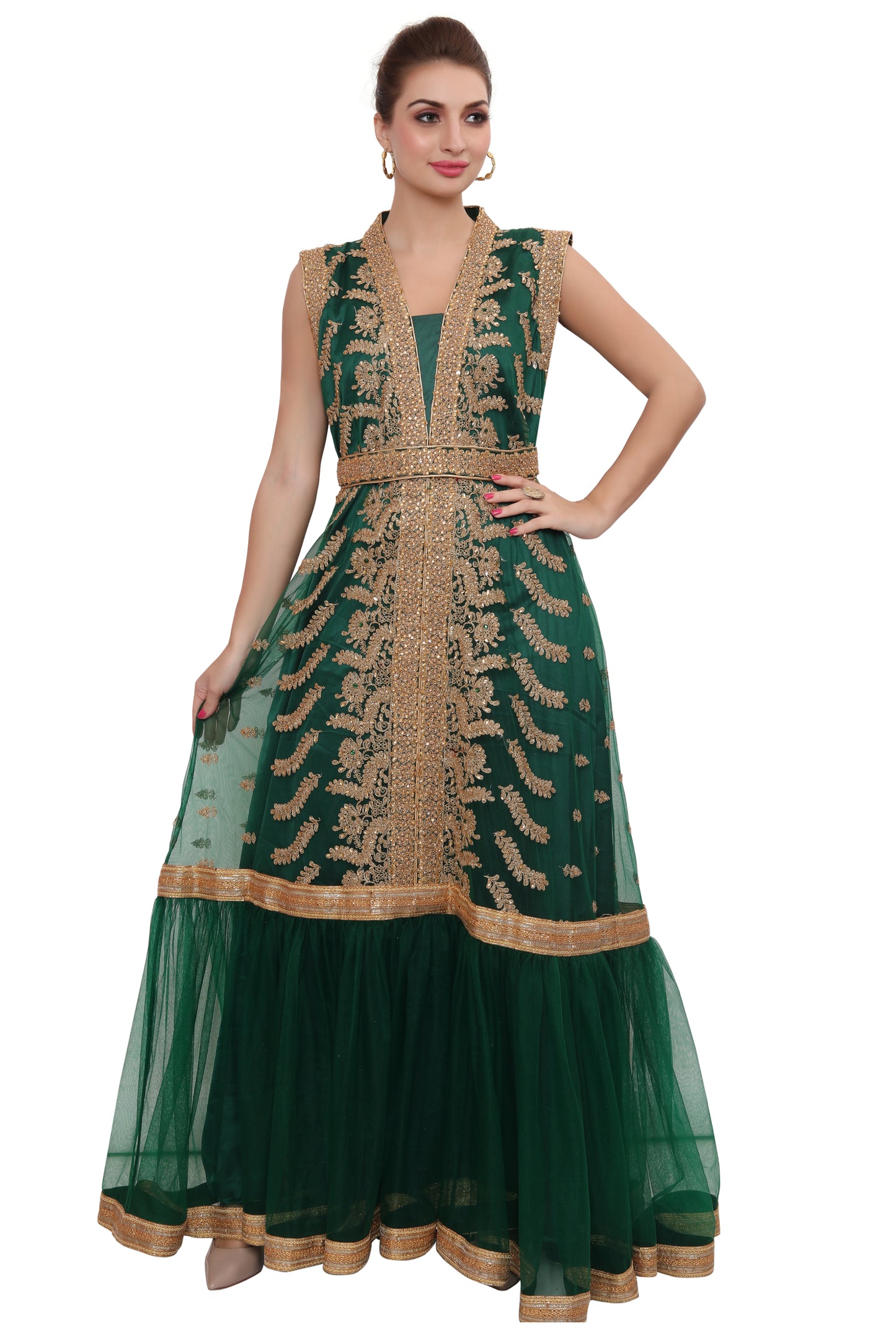 Load image into Gallery viewer, Green Designer Kaftan Bridal Gown Embroidered Dress - Maxim Creation
