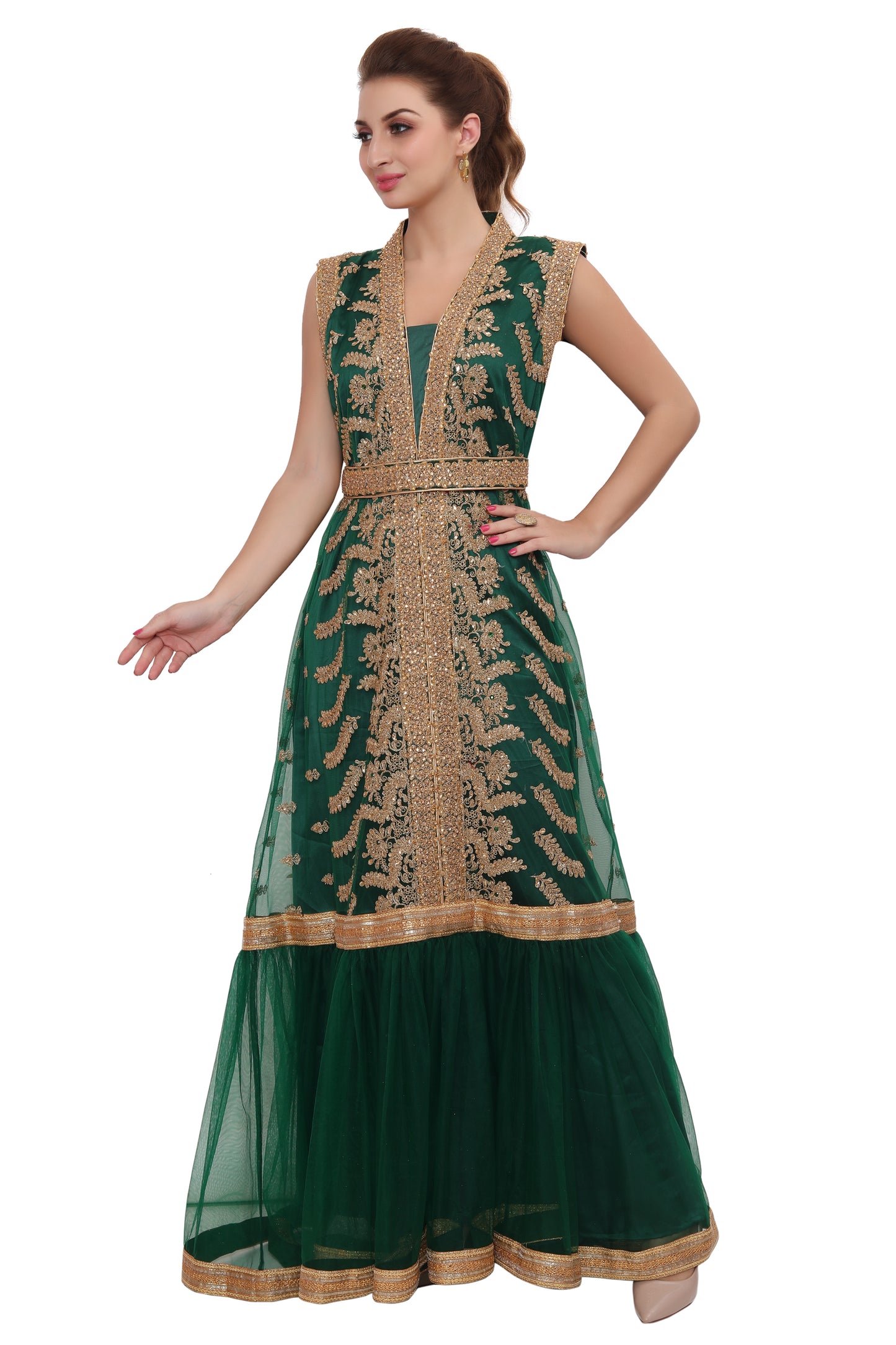 Load image into Gallery viewer, Green Designer Kaftan Bridal Gown Embroidered Dress - Maxim Creation
