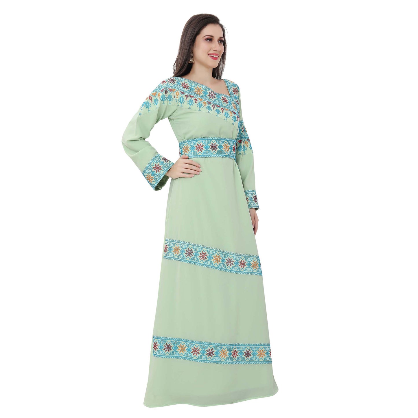 Load image into Gallery viewer, Designer Palestine Thobe Caftan with Colorful Cross Stitch Embroidery - Maxim Creation
