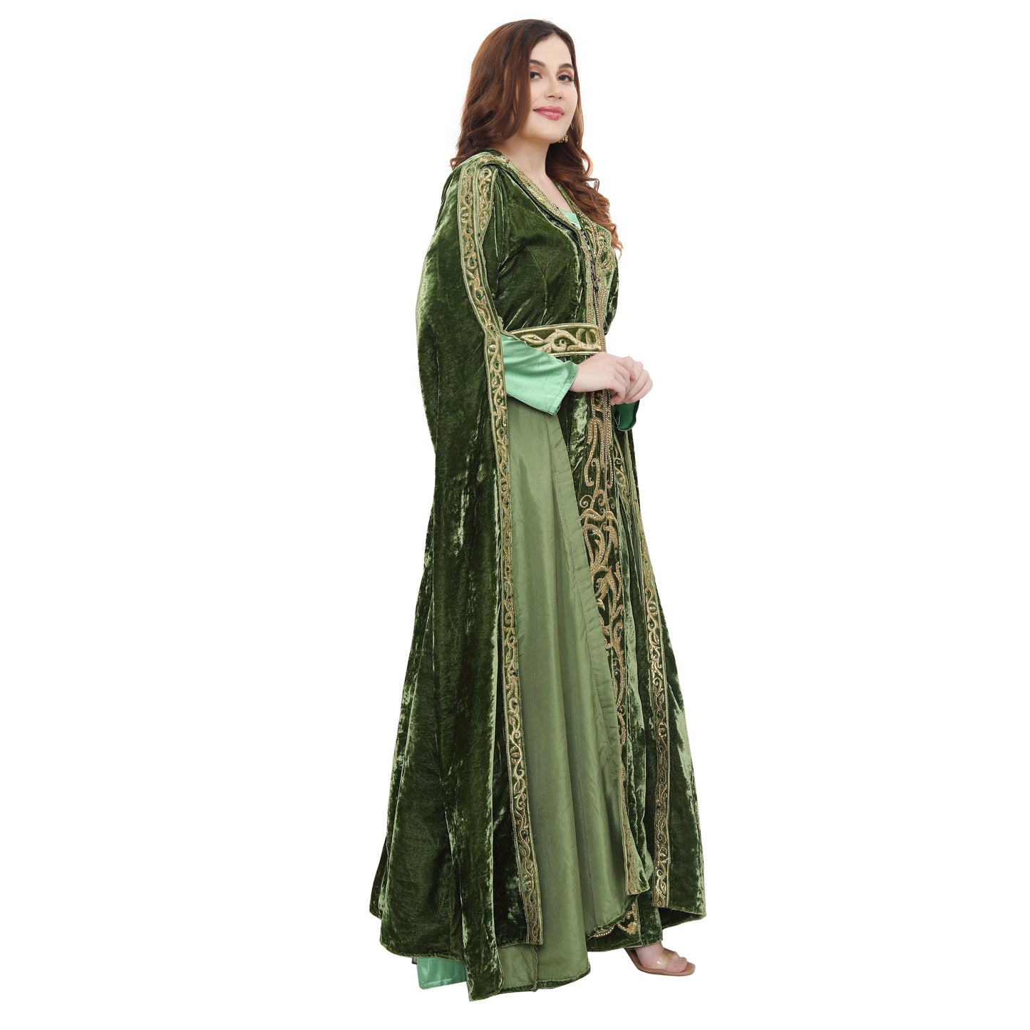Designer Kaftan Bridal Gown in Henna Green Velvet Maxim Creation Designer Kaftan Bridal Gown in Henna Green Velvet Maxim Creation