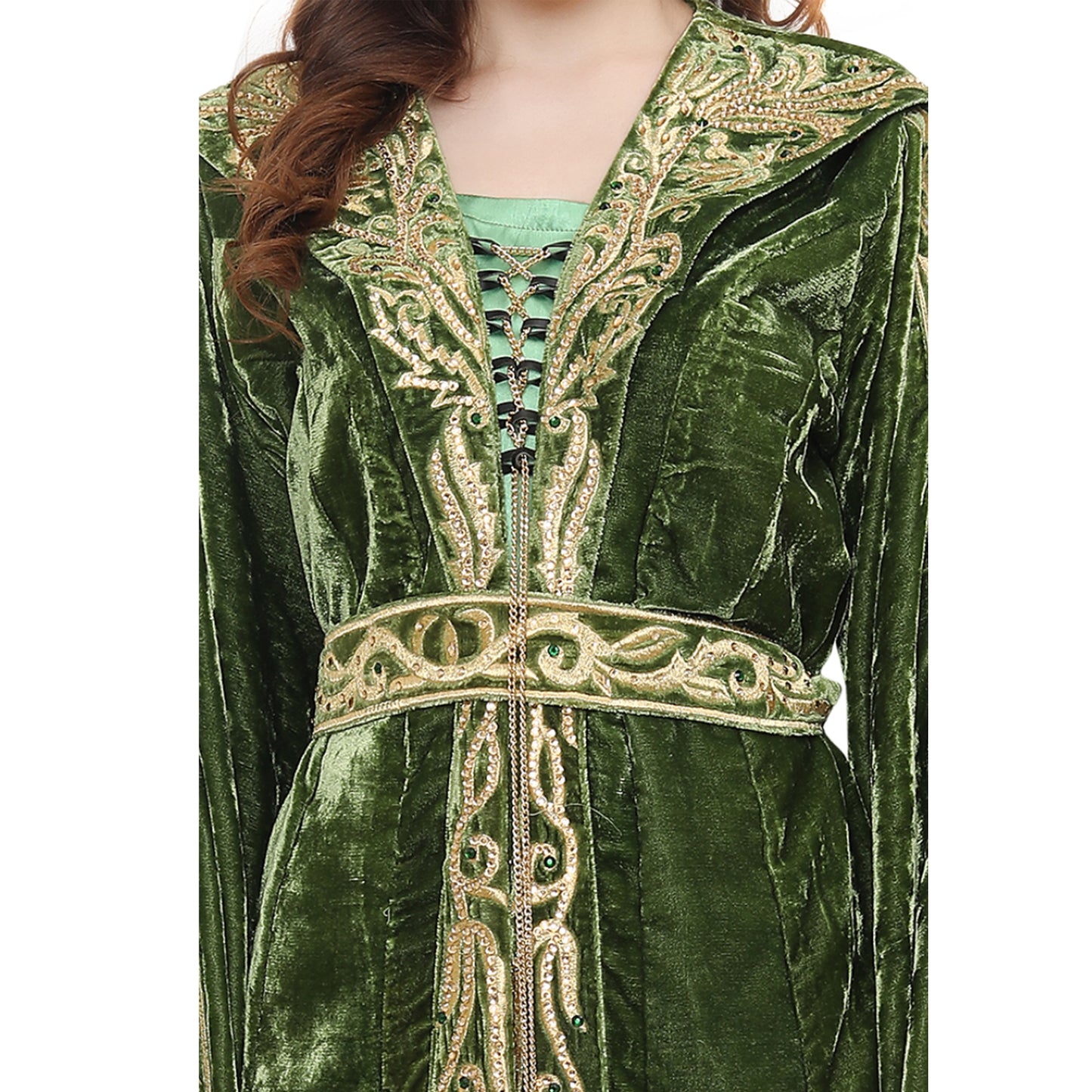 Designer Kaftan Bridal Gown in Henna Green Velvet Maxim Creation Designer Kaftan Bridal Gown in Henna Green Velvet Maxim Creation