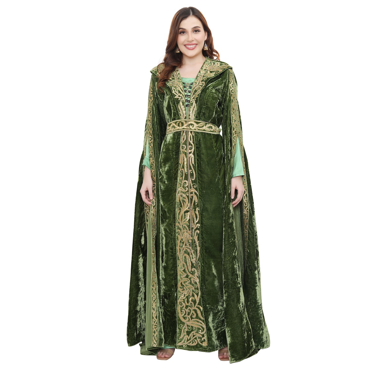 Designer Kaftan Bridal Gown in Henna Green Velvet - Maxim Creation