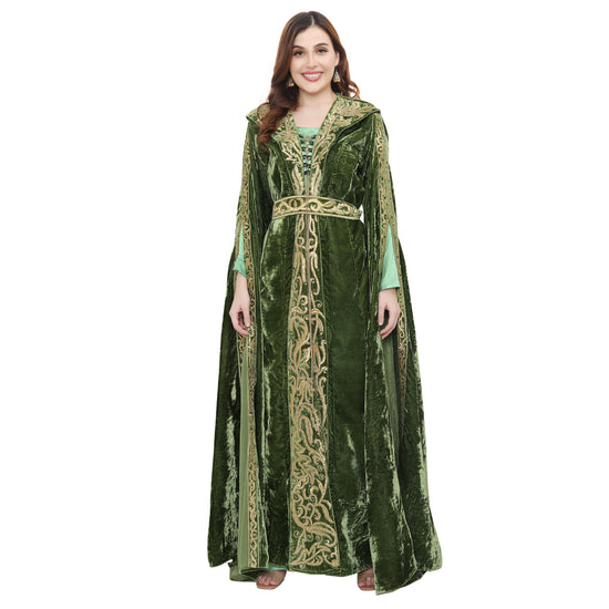 Load image into Gallery viewer, Designer Kaftan Bridal Gown in Henna Green Velvet - Maxim Creation
