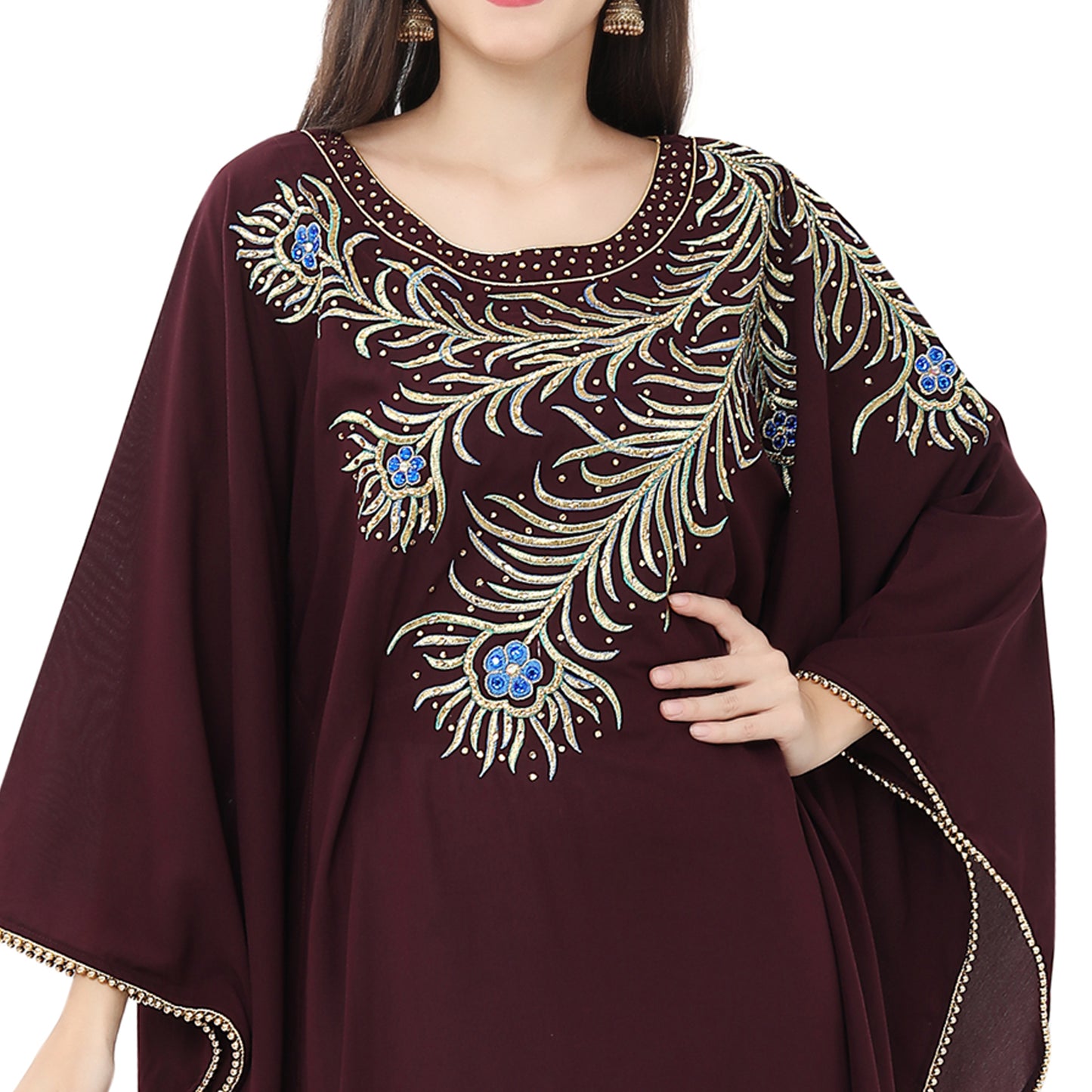 Dubai Farasha Long Robe with Peacock Feather Thread Embroidery Dubai Farasha Long Robe with Peacock Feather Thread Embroidery