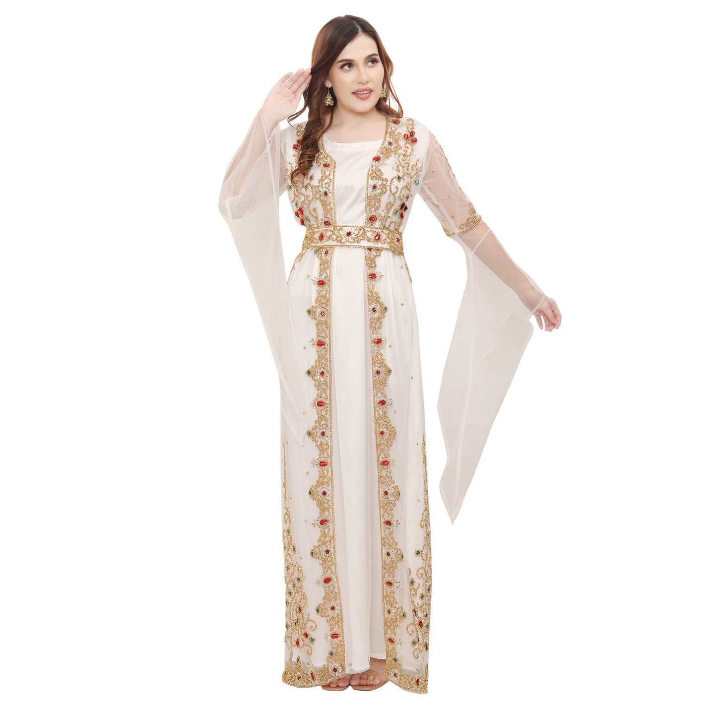 Women's Wedding Gown Hand-Embroidered Kaftan Abaya XS / 60 Inches / Matching Embroidered Scarf (24 X 71 Inches) Women's Wedding Gown Hand-Embroidered Kaftan Abaya XS / 60 Inches / Matching Embroidered Scarf (24 X 71 Inches)