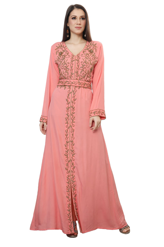 Pink Designer Jalabiya Evening Dress with Gold Work - Maxim Creation