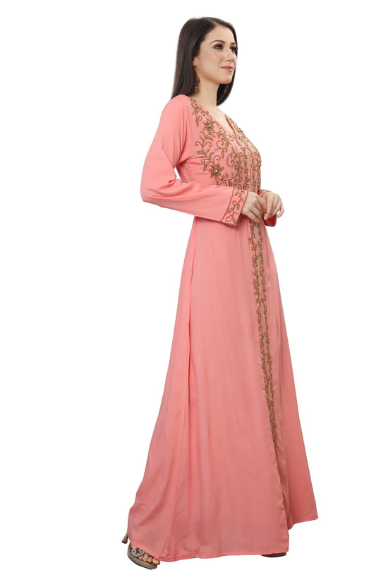 Charger l&amp;#39;image dans la galerie, Pink Designer Jalabiya Evening Dress with Gold Work - Maxim Creation
