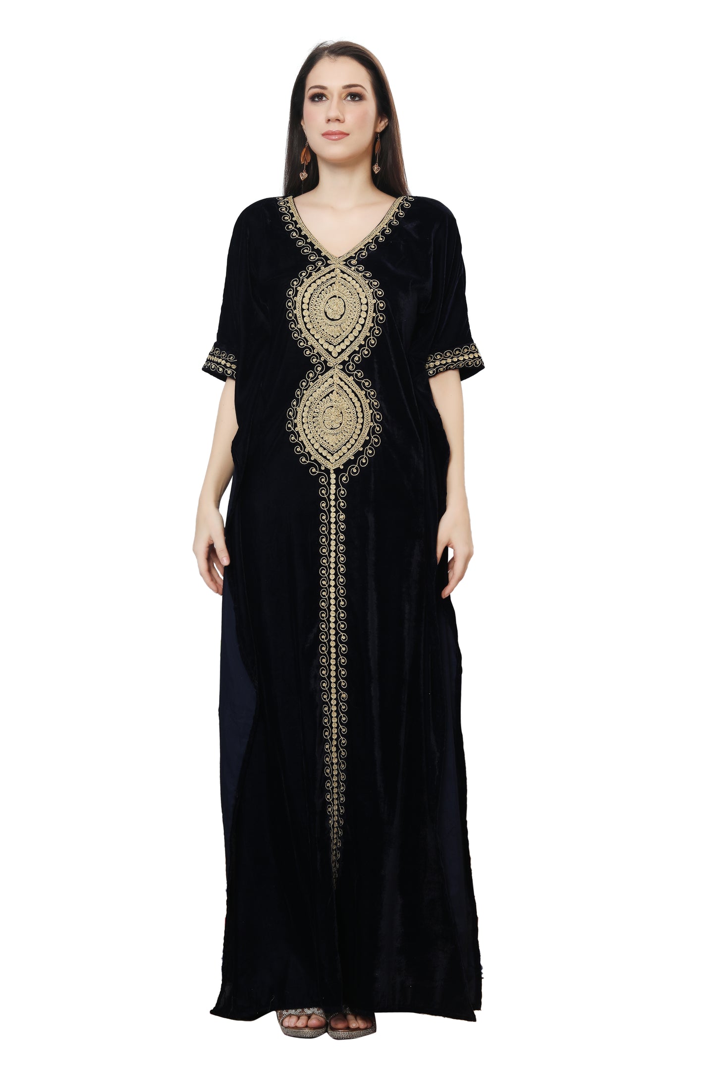 Designer Velvet Kaftan Karakou Embroidery Threadwork Gown - Maxim Creation