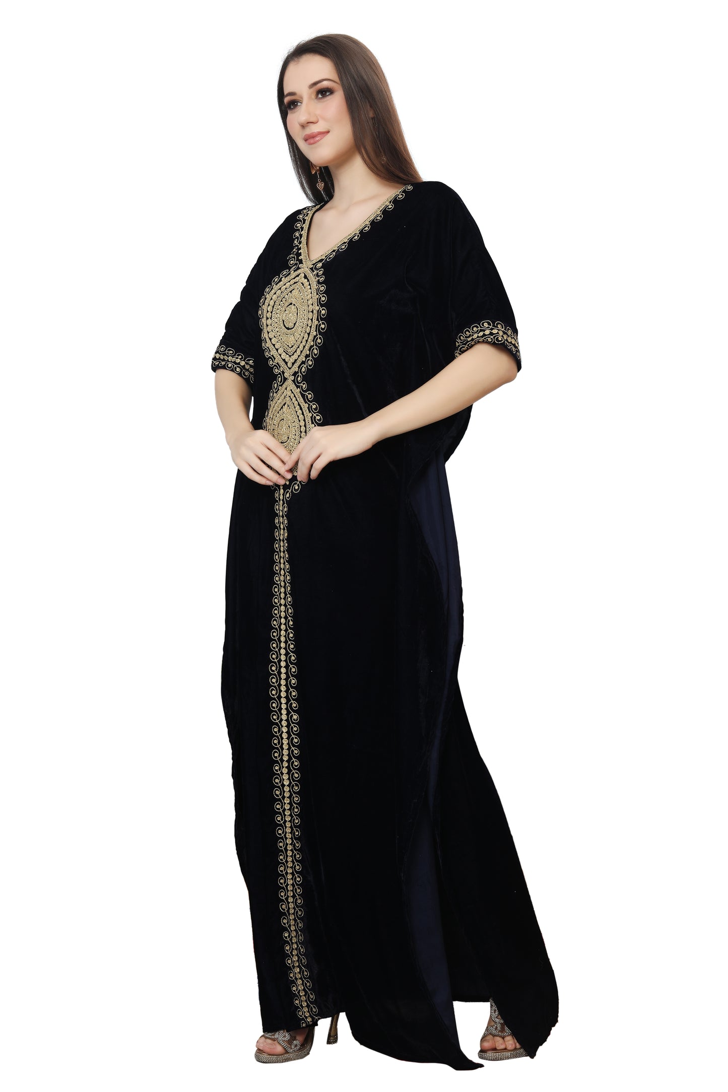 Designer Velvet Kaftan Karakou Embroidery Threadwork Gown - Maxim Creation