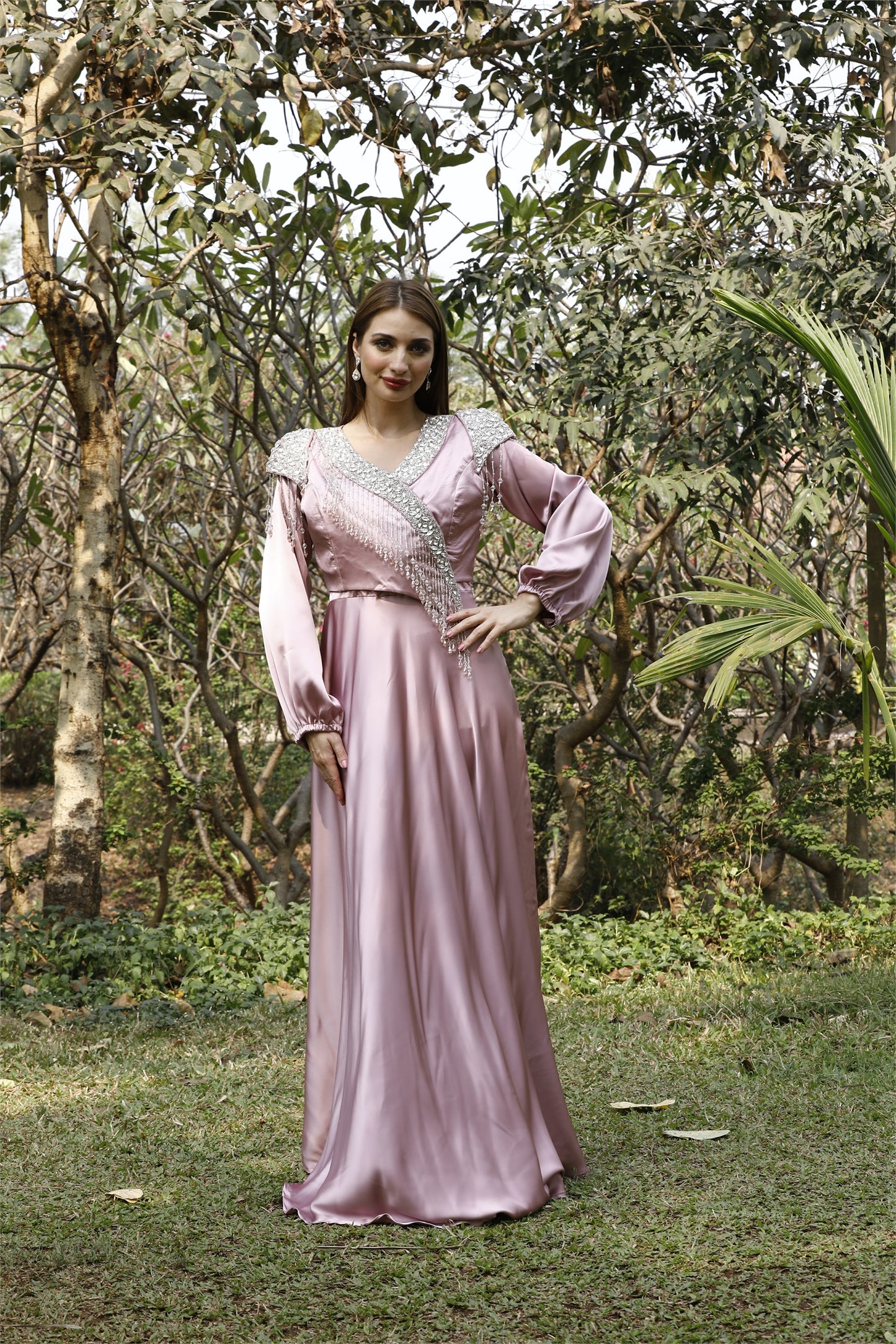 Modern Eid Wear for Women in Pink Satin M / 58 Inches / Matching Embroidered Scarf (24 X 71 Inches) Modern Eid Wear for Women in Pink Satin M / 58 Inches / Matching Embroidered Scarf (24 X 71 Inches)