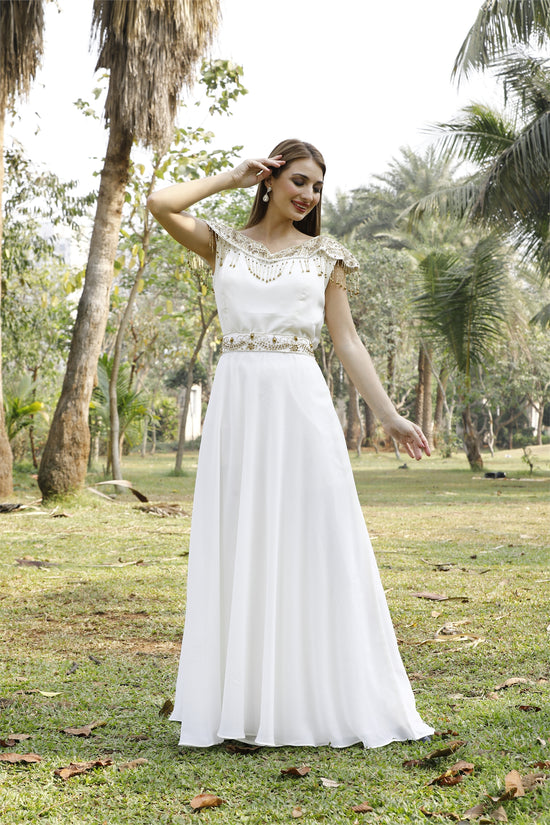 Load image into Gallery viewer, Cream Prom Gown Bridesmaid Dress with Golden Tassels
