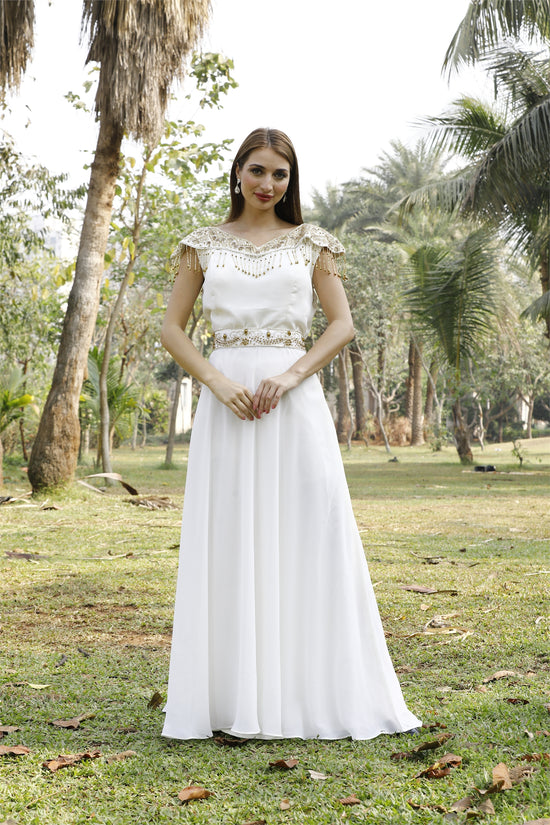 Load image into Gallery viewer, Cream Prom Gown Bridesmaid Dress with Golden Tassels
