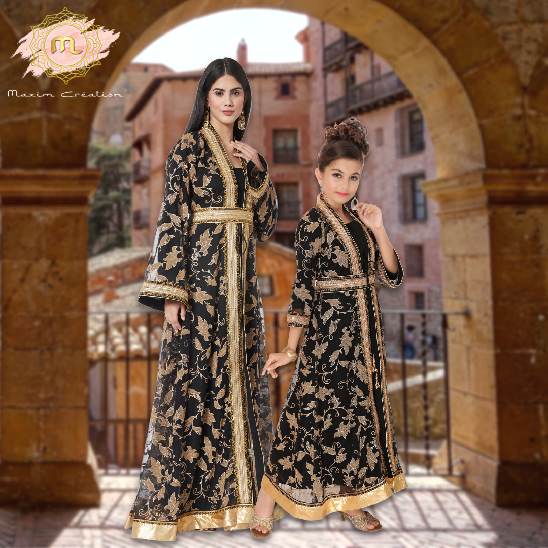 Arabian Thobe Partywear Kaftan Gown Mother Daughter Combo Set
