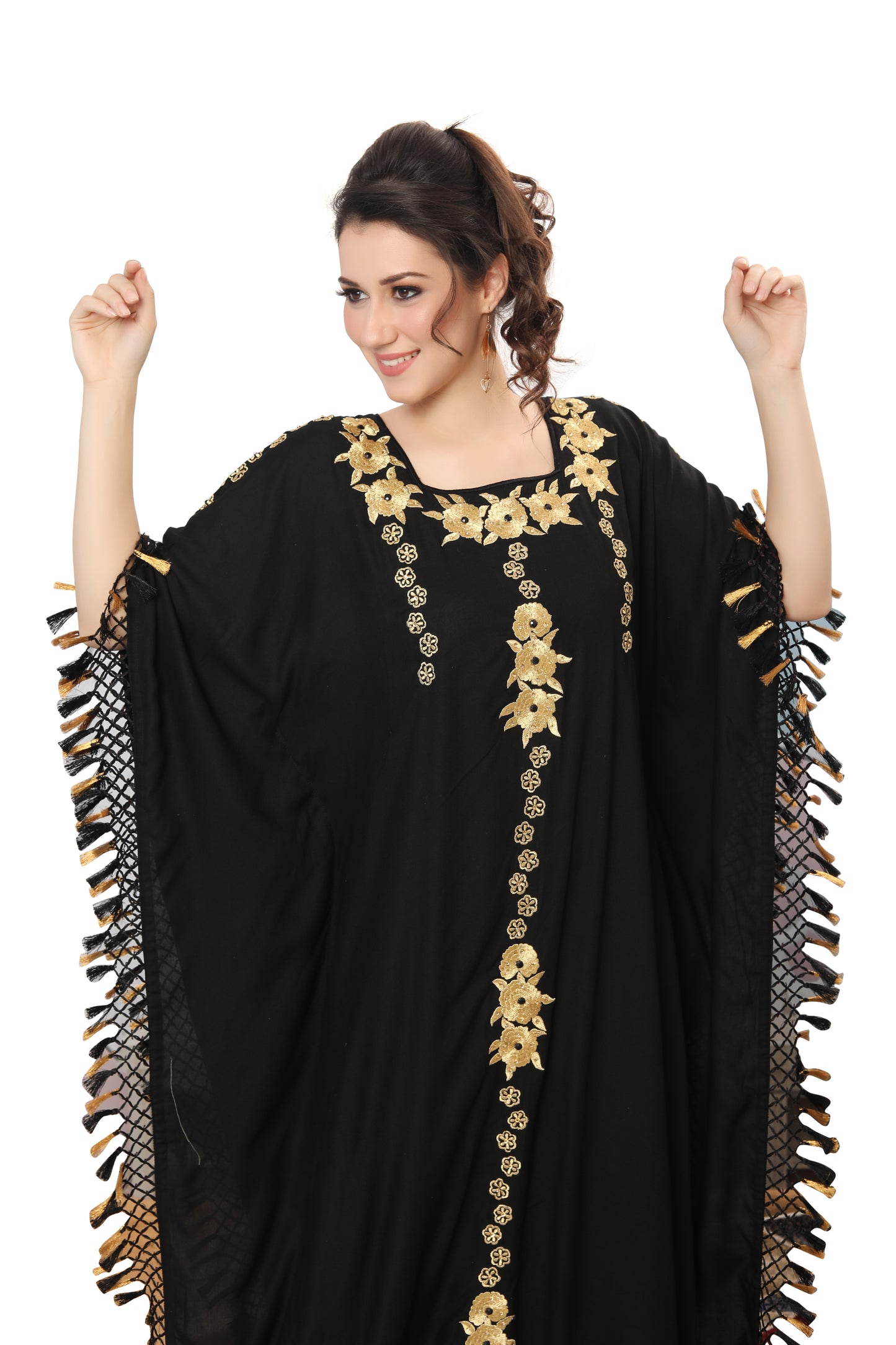 Designer Caftan Black Rayon Gown with Tassels - Maxim Creation