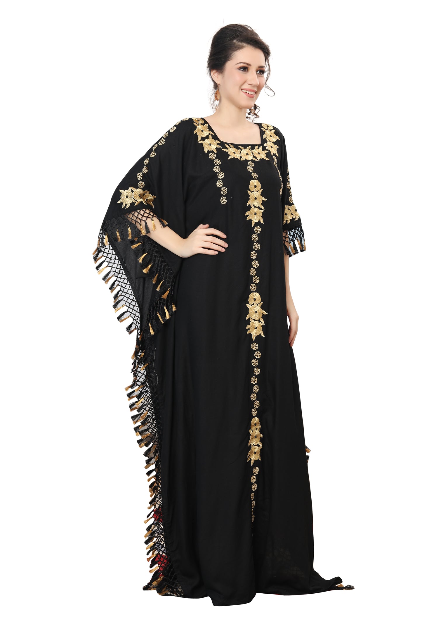 Designer Caftan Black Rayon Gown with Tassels - Maxim Creation