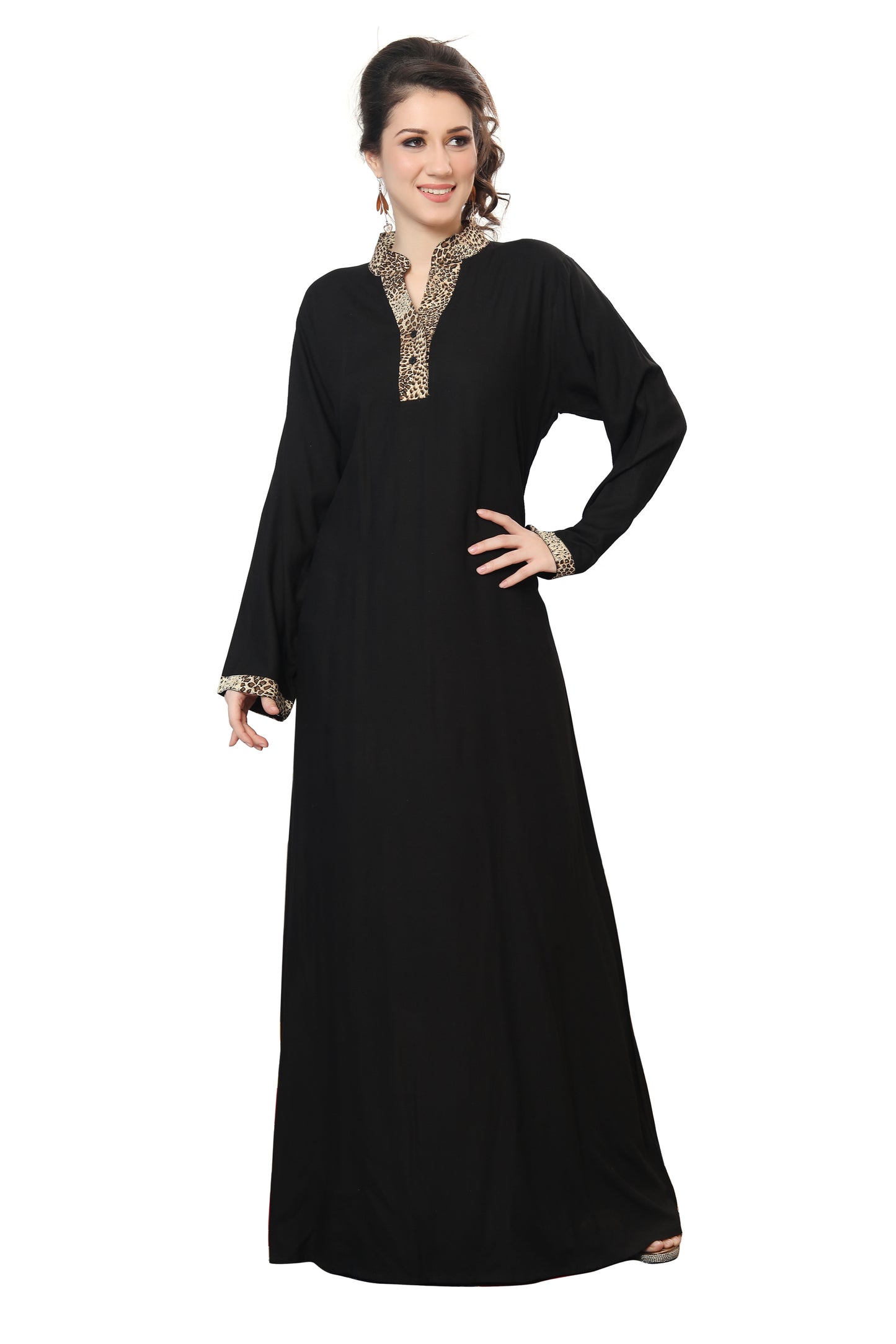Black Mul Tiered Maxi Dress with Leopord Print Collar - Maxim Creation