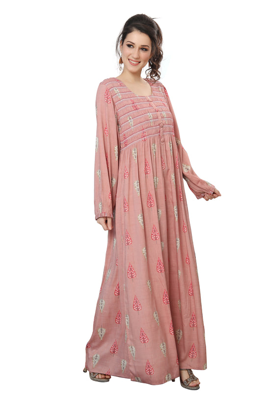 Long Kaftan Gown with Gathering in Pink - Maxim Creation