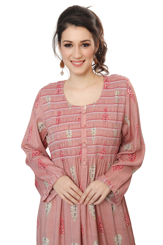 Long Kaftan Gown with Gathering in Pink - Maxim Creation