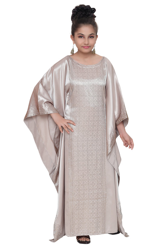 Load image into Gallery viewer, Beige Satin Maxi Dress For Kids - Maxim Creation
