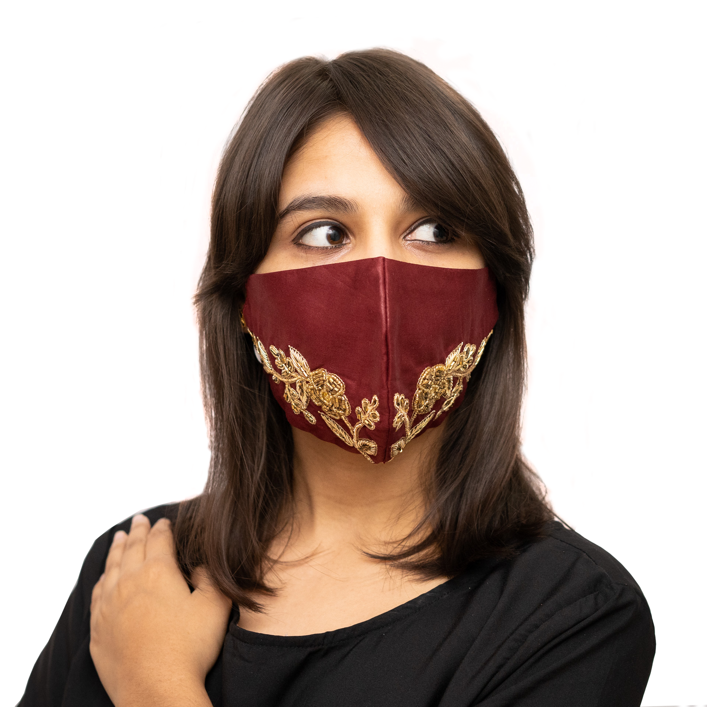 Charger l&amp;#39;image dans la galerie, Red Coloured Cotton Face Mask with Petal Textured Embroidery - Maxim Creation
