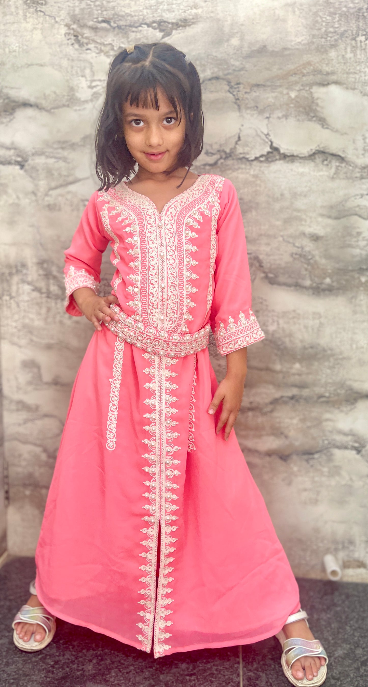 Designer Caftan Thread Embroidered Maxi Dress For Kids 34 Inches Length Designer Caftan Thread Embroidered Maxi Dress For Kids 34 Inches Length
