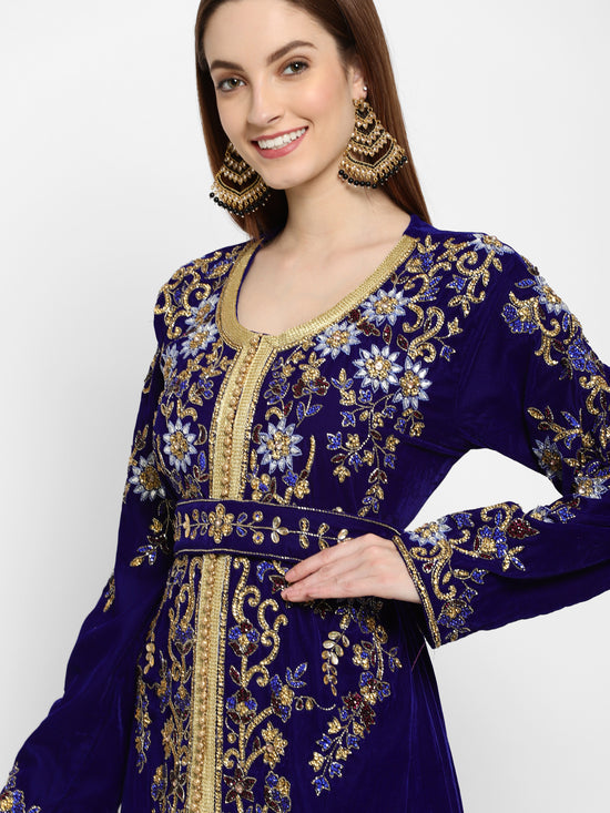 Designer Kaftan Bridal Gown in Royal Blue Velvet - Maxim Creation