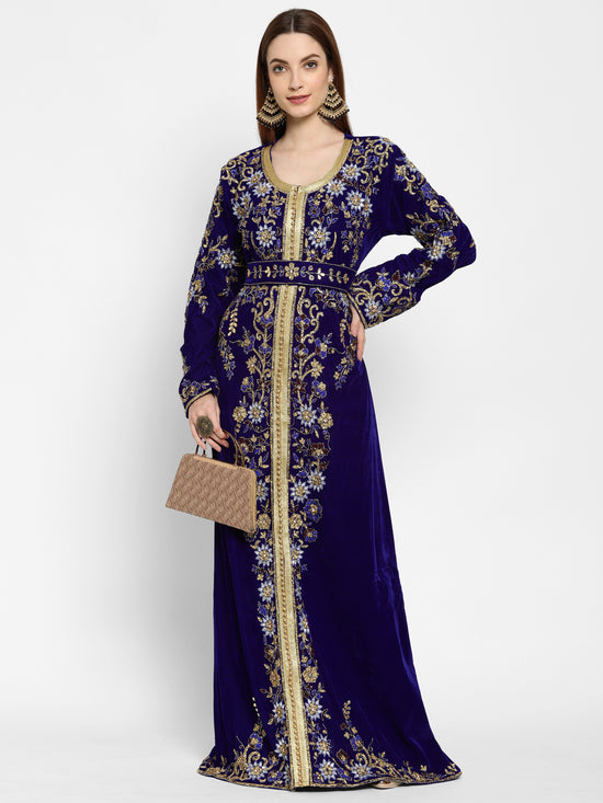 Designer Kaftan Bridal Gown in Royal Blue Velvet - Maxim Creation