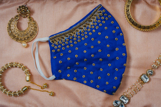 Load image into Gallery viewer, Gold Embroidery on Royal Blue Cotton Mask - Maxim Creation
