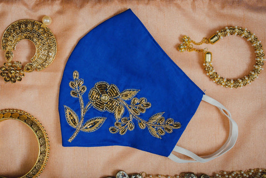 Load image into Gallery viewer, Petal Textured Embroidery on Royal Blue Cotton Face Mask - Maxim Creation
