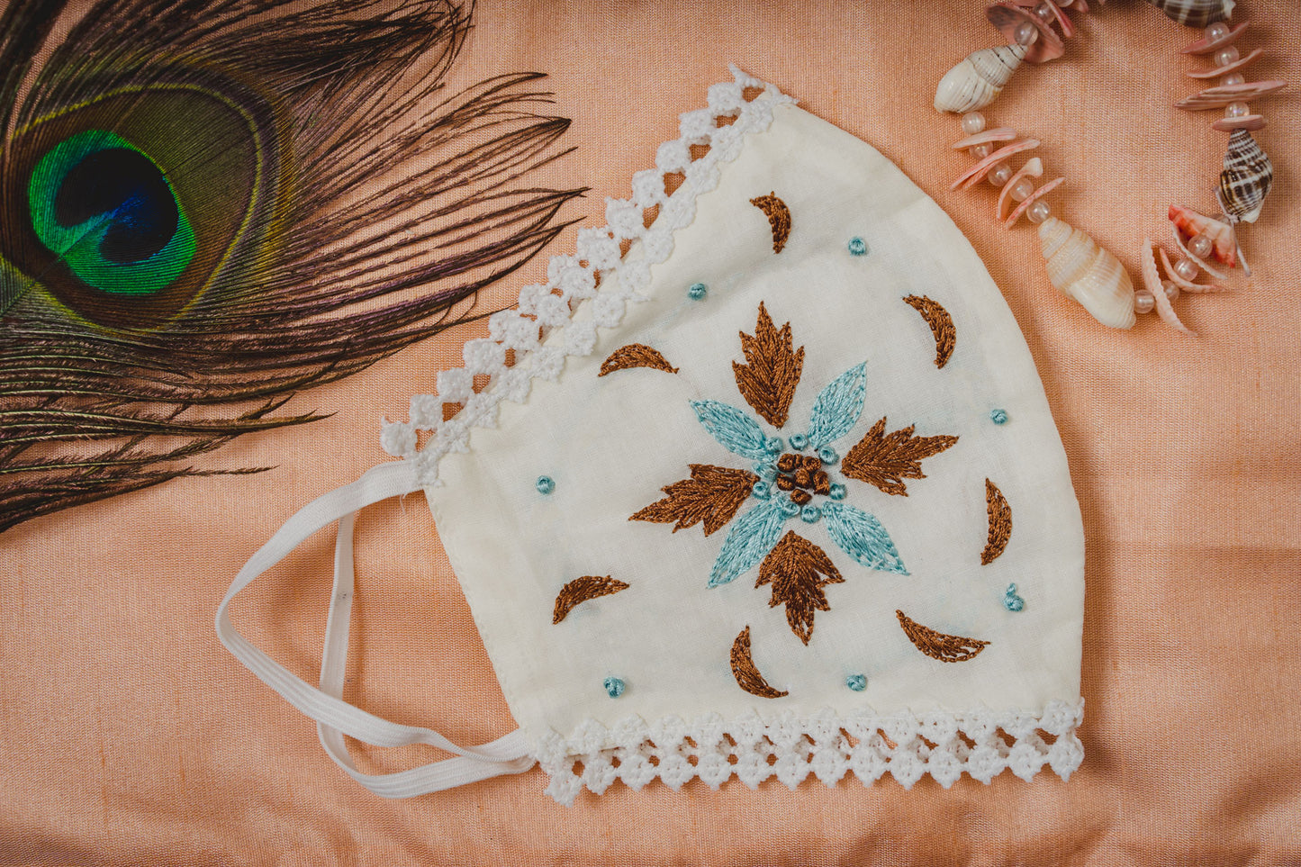 Geometrical Floral Embroidery on Cream Cotton Face Mask with Lace - Maxim Creation