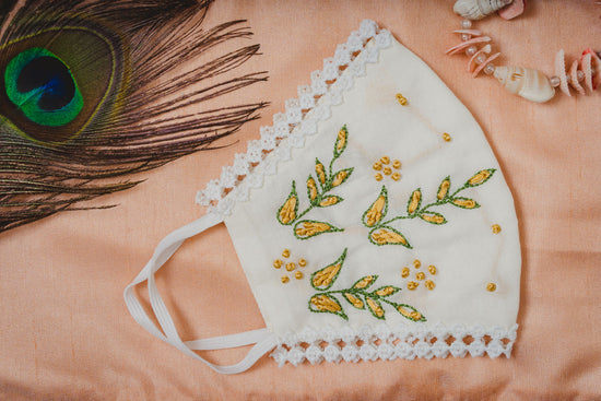 Cream Coloured Cotton Lace Face Mask with Floral Thread Embroidery - Maxim Creation