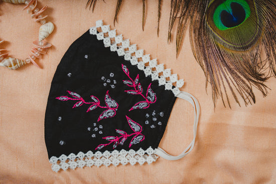 Load image into Gallery viewer, Black Coloured Cotton Lace Face Mask with Floral Thread Embroidery - Maxim Creation

