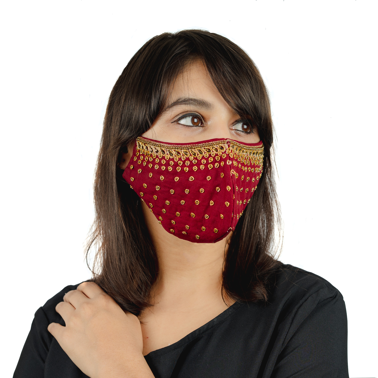 Red cotton face mask with Embroidered Polka Dots - Maxim Creation