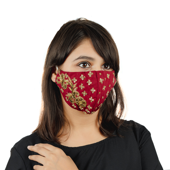 Red Cotton Face Mask with Floral Embroidery - Maxim Creation