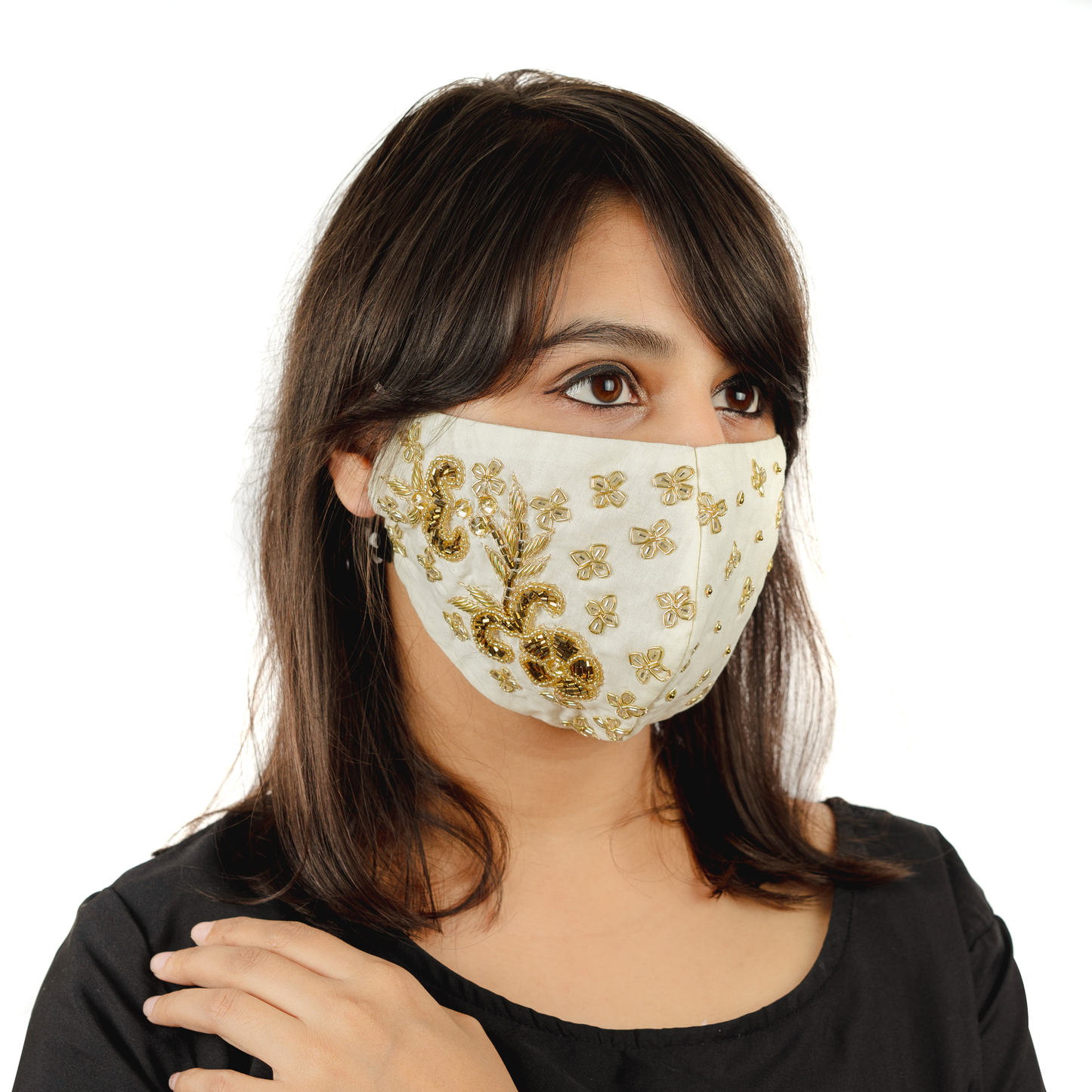 Creamy Floral Embroidery Cotton Face Mask - Maxim Creation